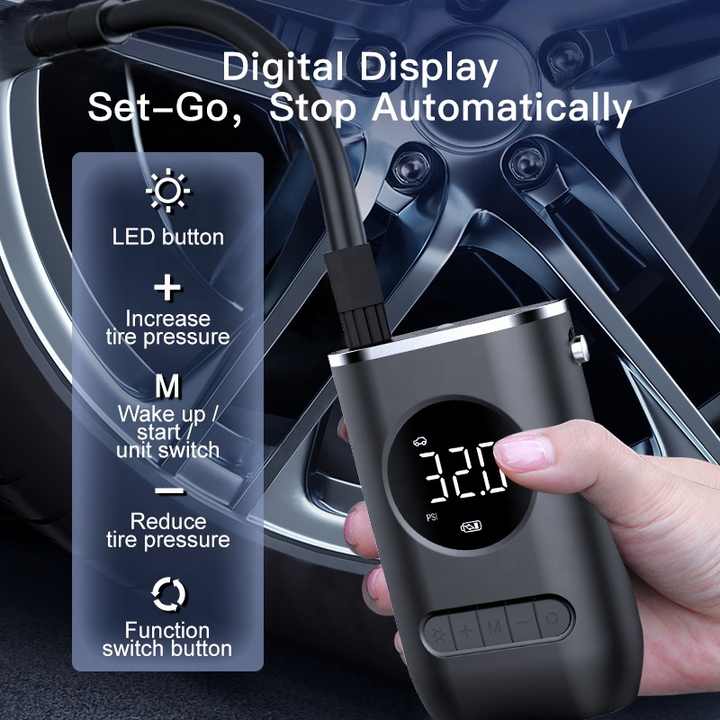 Cordless Tyre Inflator Air Compressor, Lvelfe Rechargeable Battery 150PSI Handheld Car Tyre Inflator, Digital Electric Tyre Pump With LED Light And 3 Nozzle For Car, Motorcycle, Bike, Ball - View #3